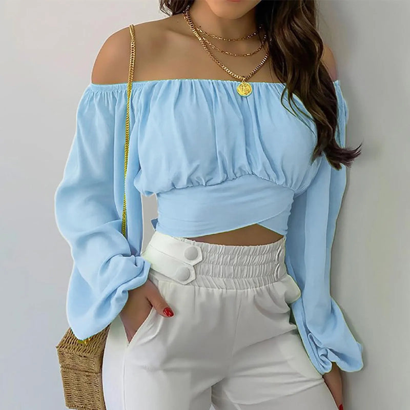 Sexy Slash Neck Backless Long Lantern Sleeve Floral Print Blouse Tops Summer Women Criss Cross Bandage Cropped T Shirt Tops