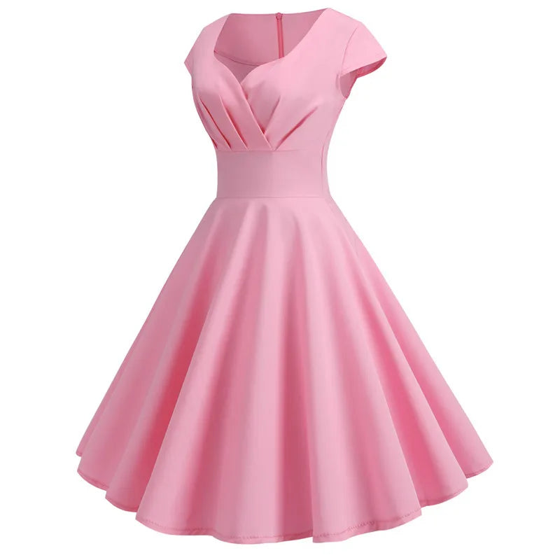 Pink Summer Dress Women V Neck Big Swing Vintage Dress Robe Femme Elegant Retro pin up Party Office Midi Dresses 2024 New