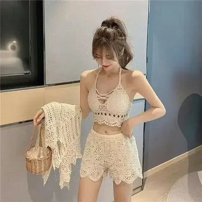 Tassel Crop Tops Retro Wild Hollow Perspective Sexy Spaghetti Strap Tanke Top Women Built In Bra New Back Lace Halter Neck