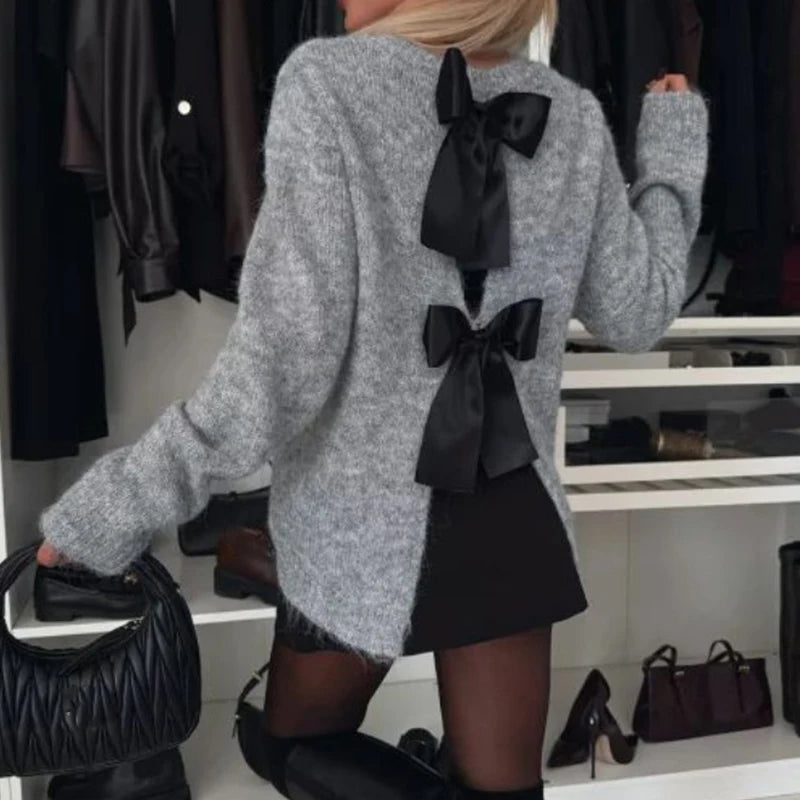 Lady 2024 Bow Decoration Hollow Out Sweater Fashion Temperament Wool Crew-neck Office Jumpers Sexy Elegant Long Sleeve Knit Top