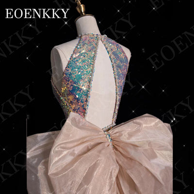 EOENKKY Halter Sparkly Evening Dress Mermaid Style Luxury Sequin Backless Wedding Party Dresses Detachable Train Sleeveless