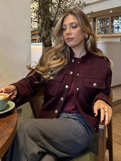 Women's Elegant Burgundy O Neck Long Sleeve Coat Fashion Single Breasted Pockets Jacket 2024 Autumn Office Ladies Street Outwear