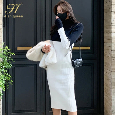 H Han Queen New Winter Turtleneck Women Dress Knitted Sheath Dresses Woman Elegant Slim Colorblock Mid Sweater Pencil Vestidos