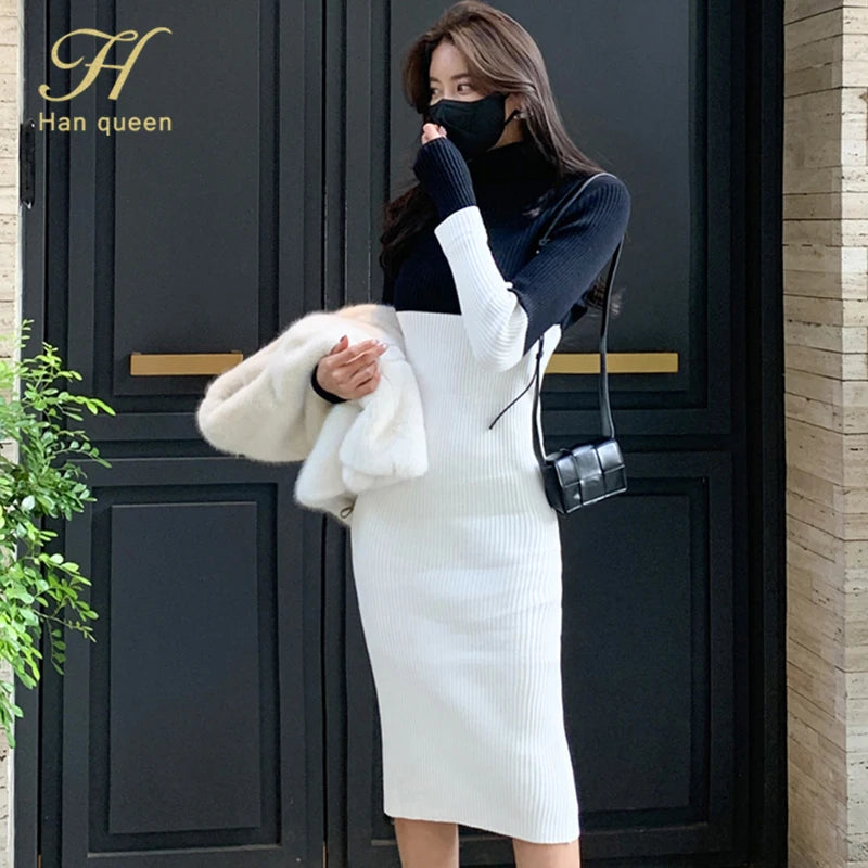 H Han Queen New Winter Turtleneck Women Dress Knitted Sheath Dresses Woman Elegant Slim Colorblock Mid Sweater Pencil Vestidos