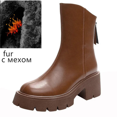 AIYUQI Women Booties Genuine Leather British Style Short Boots Women Retro Back Zipper High Heels Western Cowboy Boots Women