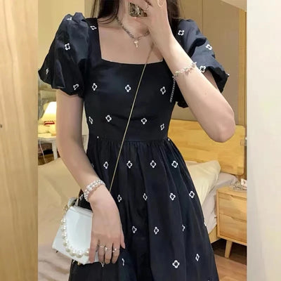 Elegant Women Midi Dress Korean Style Floral Print Square Collar Casual Black Dresses